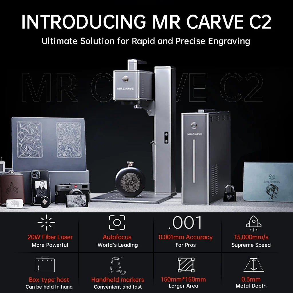 MR.CARVE C2 20W Laser Engraving Fiber Marking Machine High Precision Portable Handheld Laser Engraver for Metal Jewelry Gold Silver Nameplate Heavy-Duty Desktop